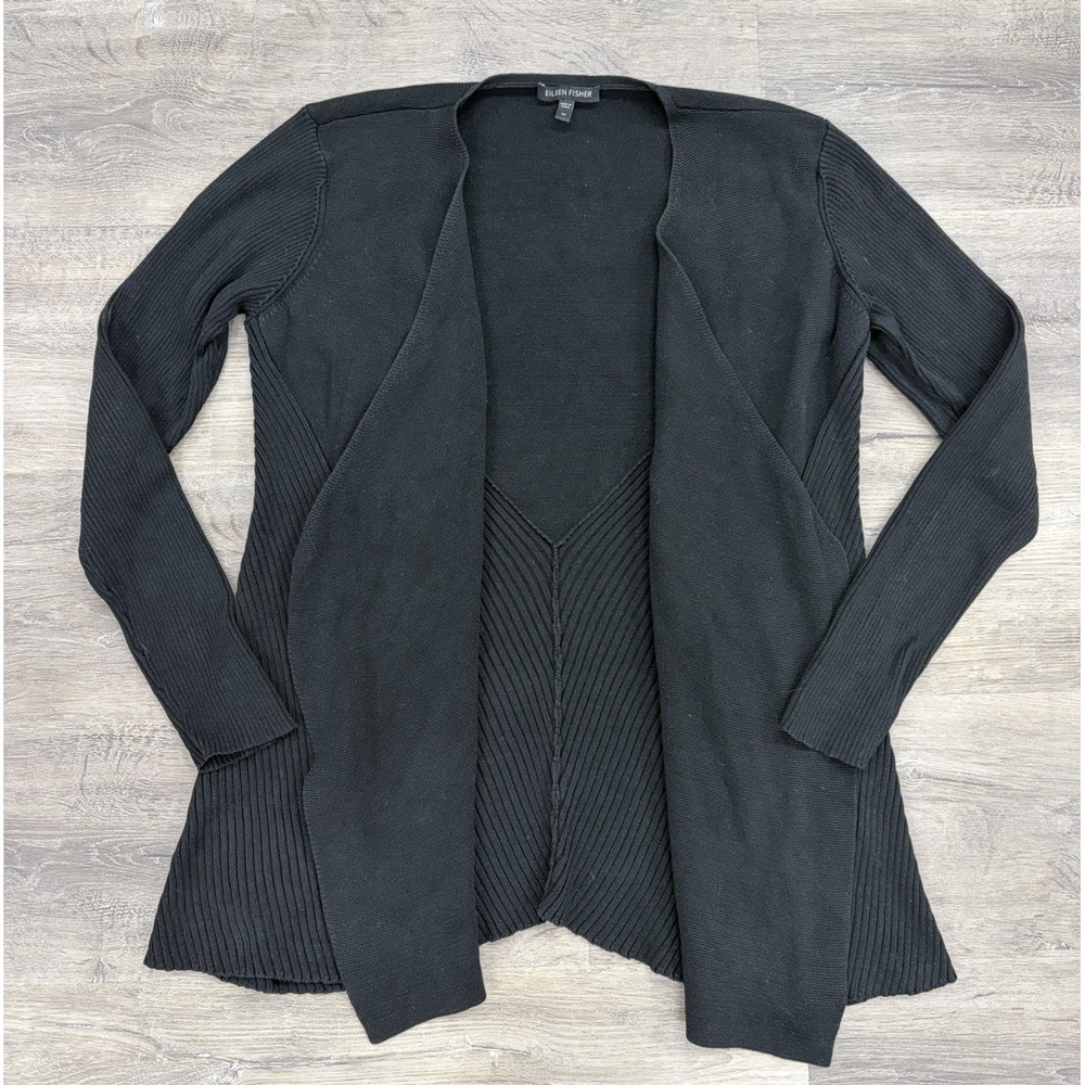 Eileen Fisher Cardigan Sweater Womens Medium Black Silk Cotton Open Front Knit